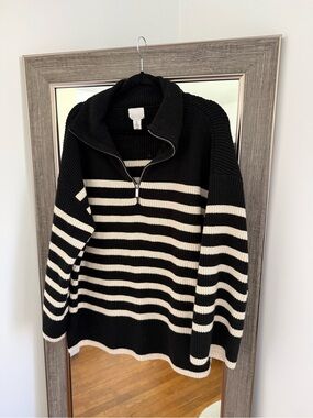 Black & Cream Striped Half-Zip Oversize H&M Sweater